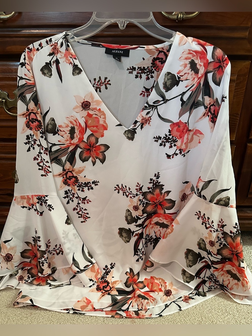 ALFANI VNECK BLOUSE WITH BELL SLEEVES